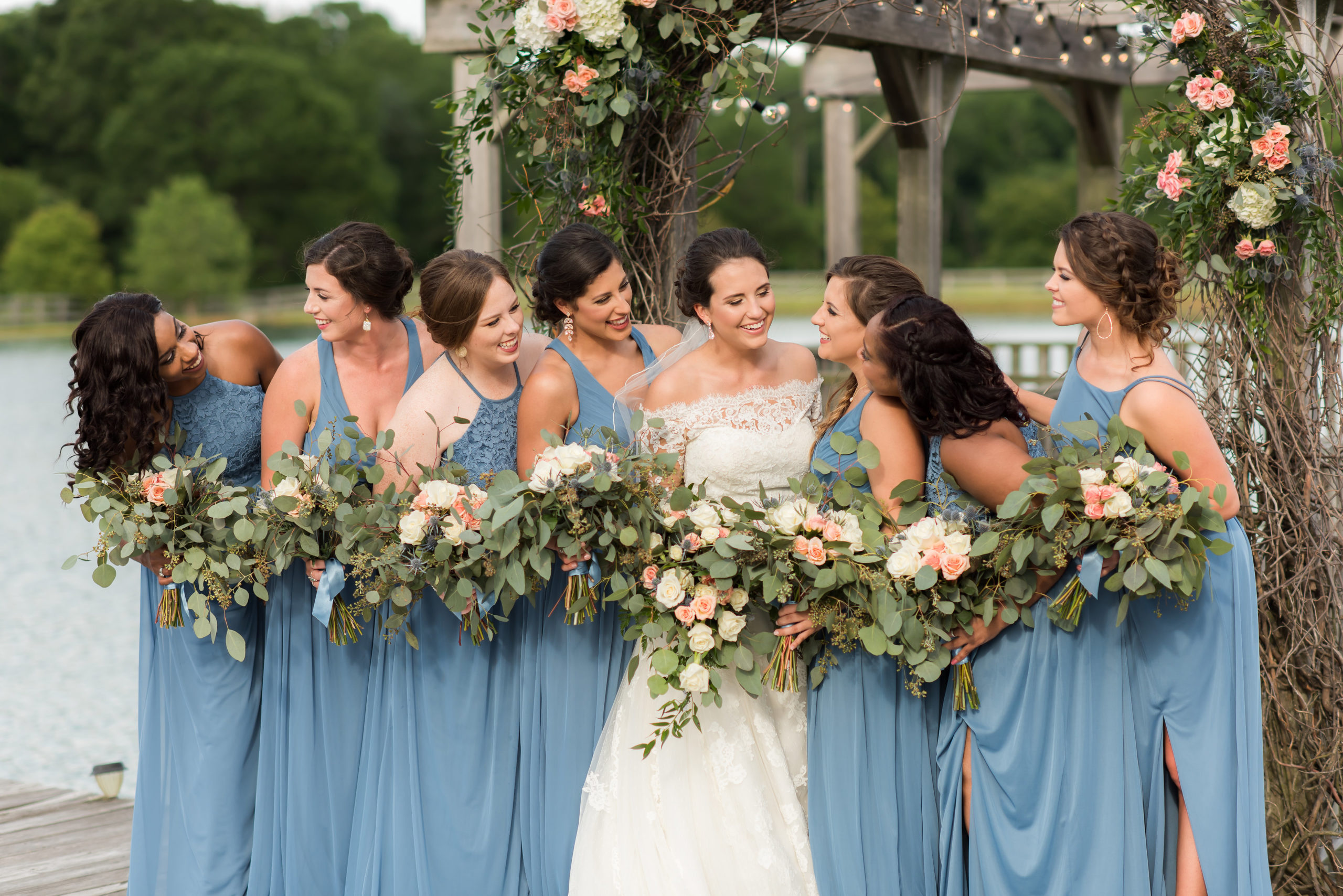 Timeless Love NC Wedding | Dusty Blue rustic elegant wedding | bride and bridesmaid photos