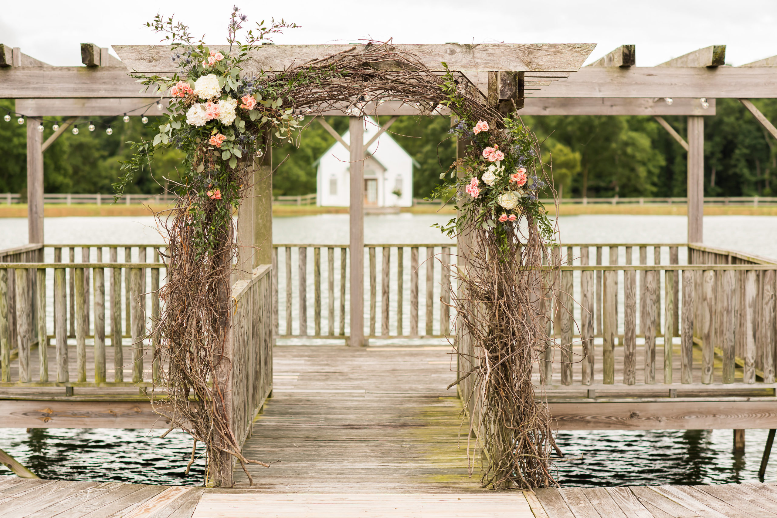 Timeless Love NC Wedding | Dusty Blue rustic elegant wedding | ceremony peach and greenery rustic alter decor design