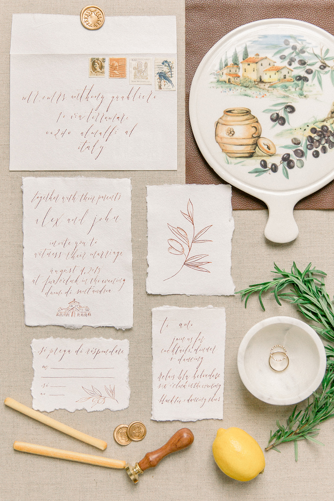 Timeless Love Weddings | Sourced Workshop experience | Flat-lay Tuscan stationery suite