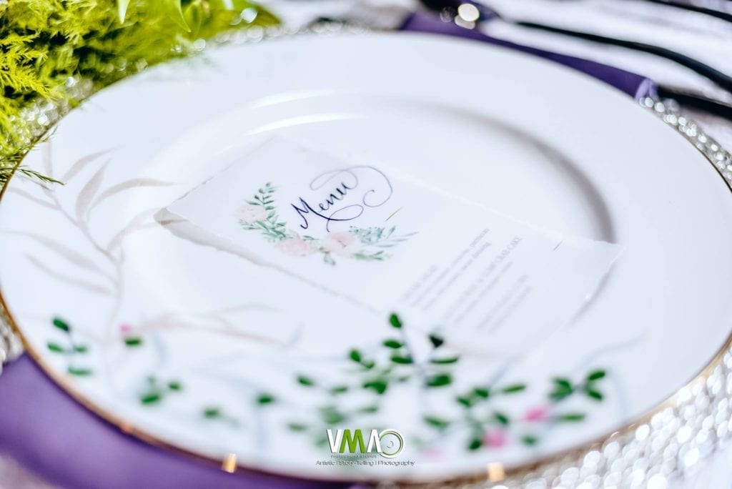 Timeless Love Weddings | Forever Bridal Show | Place setting and menu from Blush and Blue Designs