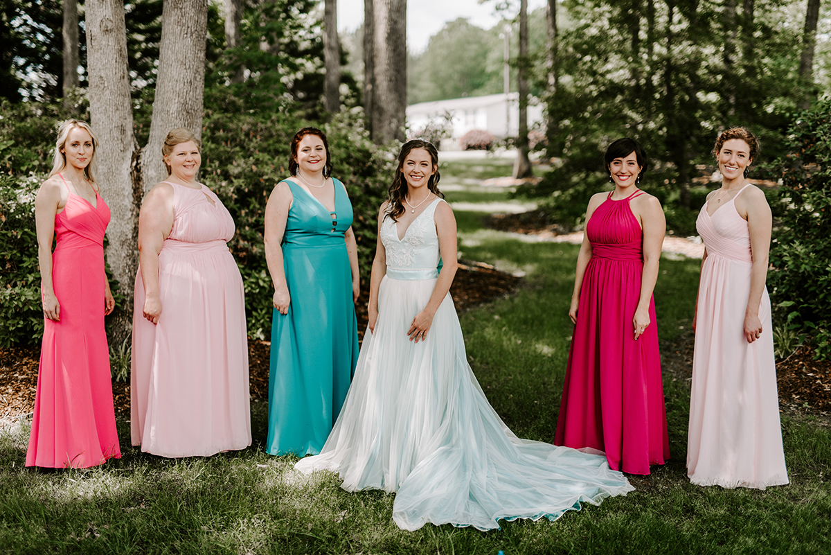 Jessica and her colorful bridesmaids dresses for her garden wedding
