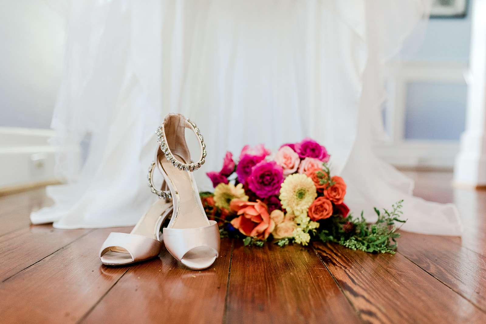 Bright + Cheerful Garden Elegance of Artmosphere — wedding detail shot of blush shoes + Bouquet