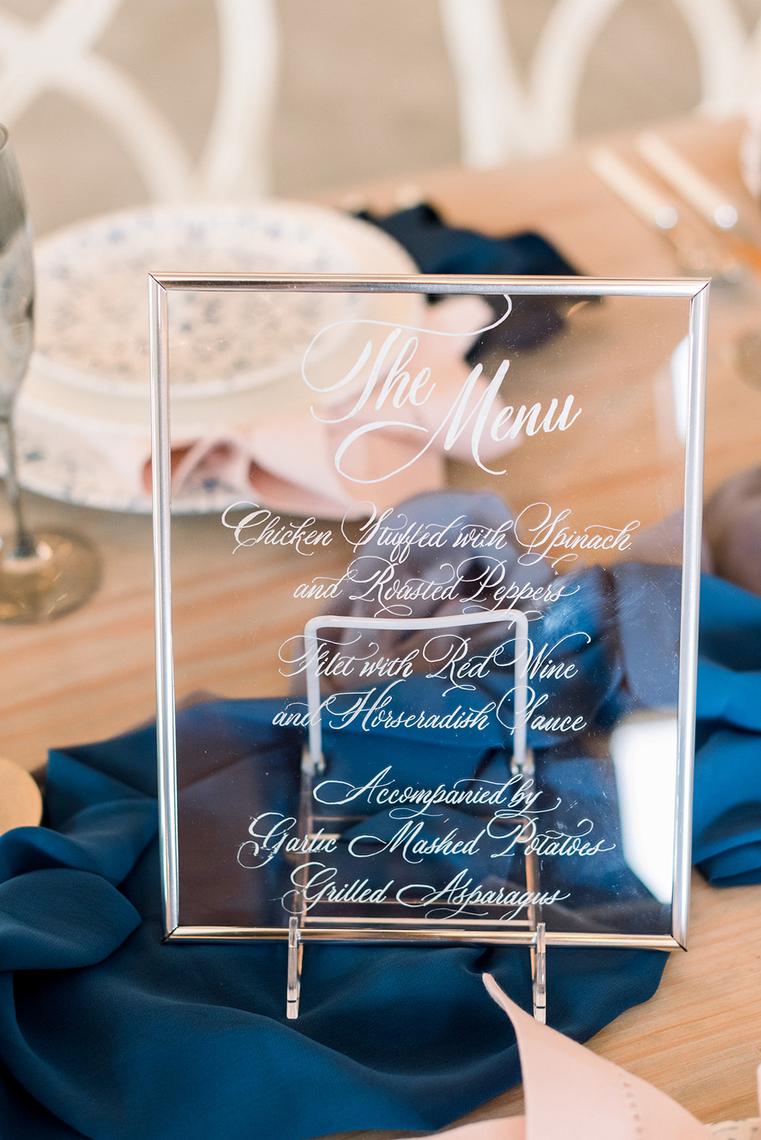 Walnut Hill Open House Blue and white tablescape - Blush and Blue Designs acrylic menu card