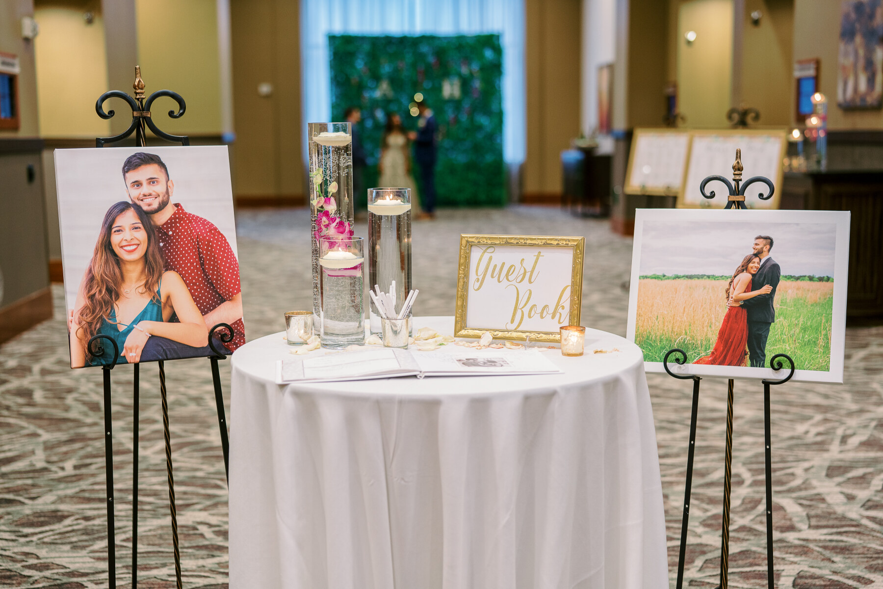 Ananya + Harsh Reception simple elegant guest book display captured by Jamie Vinson Photography
